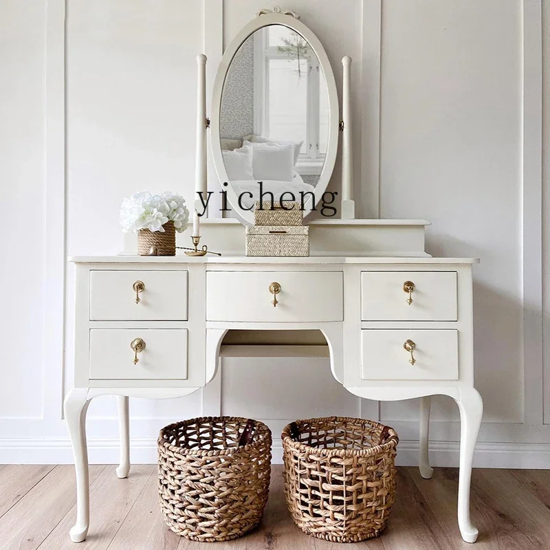 

HXL Solid Wood Dressing Table Storage Cabinet Multi-Functional Integrated Cream Style Bedroom Makeup Table