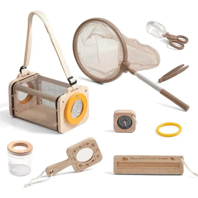 Best-For Kids Outdoor Explorer Set Wooden Bug Catcher Kit Magnifying Glass STEM Learning For Ages 3-8 Nature Gift
