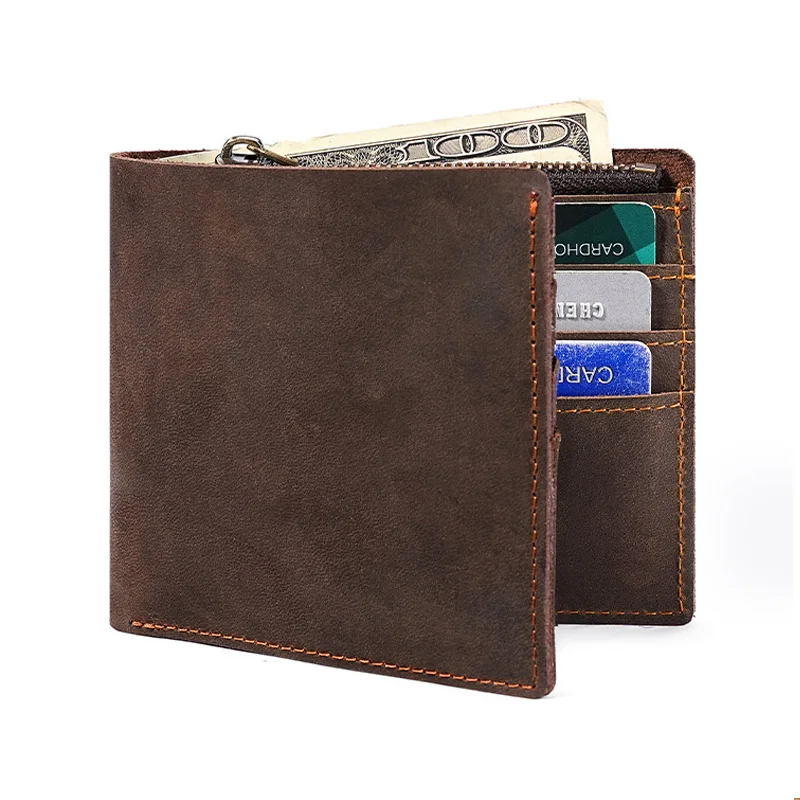 

Винтажный мужской кошелек Crazy Horse из натуральной кожи, короткий двойной кошелек с карманом для монет на молнии, 8 слотов для карт, мужская сумка для денег