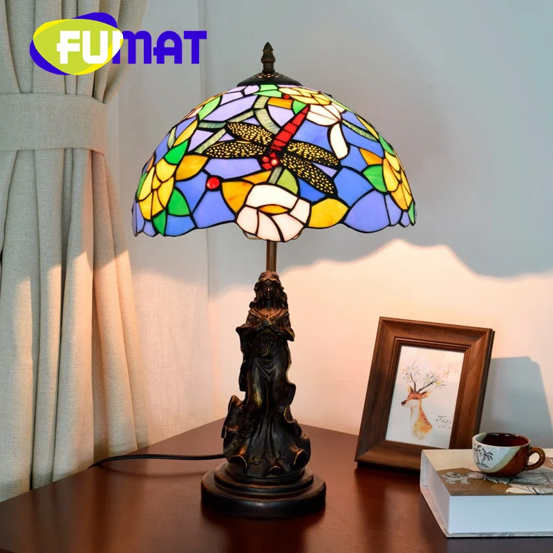 FUMAT Tiffany blue dragonfly rose style stained glass desk lamp Art deco living room desk bedroom bedside gift reading lamp