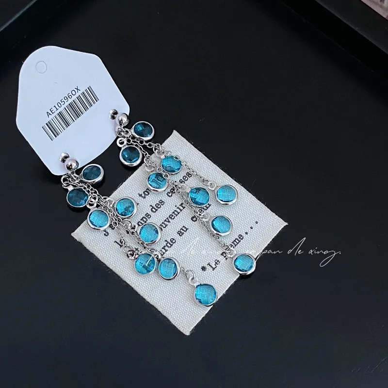 Earrings Blue Crystal Tassel Long Ethereal Lightweight Chic Elegant Silver Post Hypoallergenic Daily Office Party Gift Women