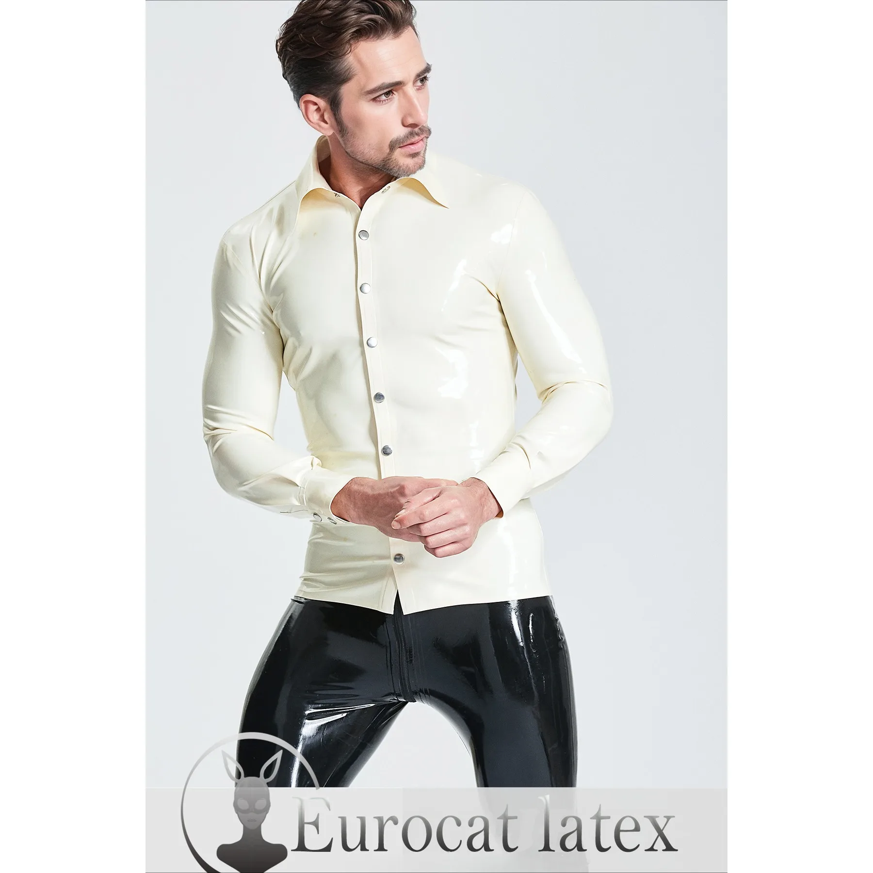 

customized t shirt men's off white latex long sleeve button down shirt stylish design collar details clubwear fashion