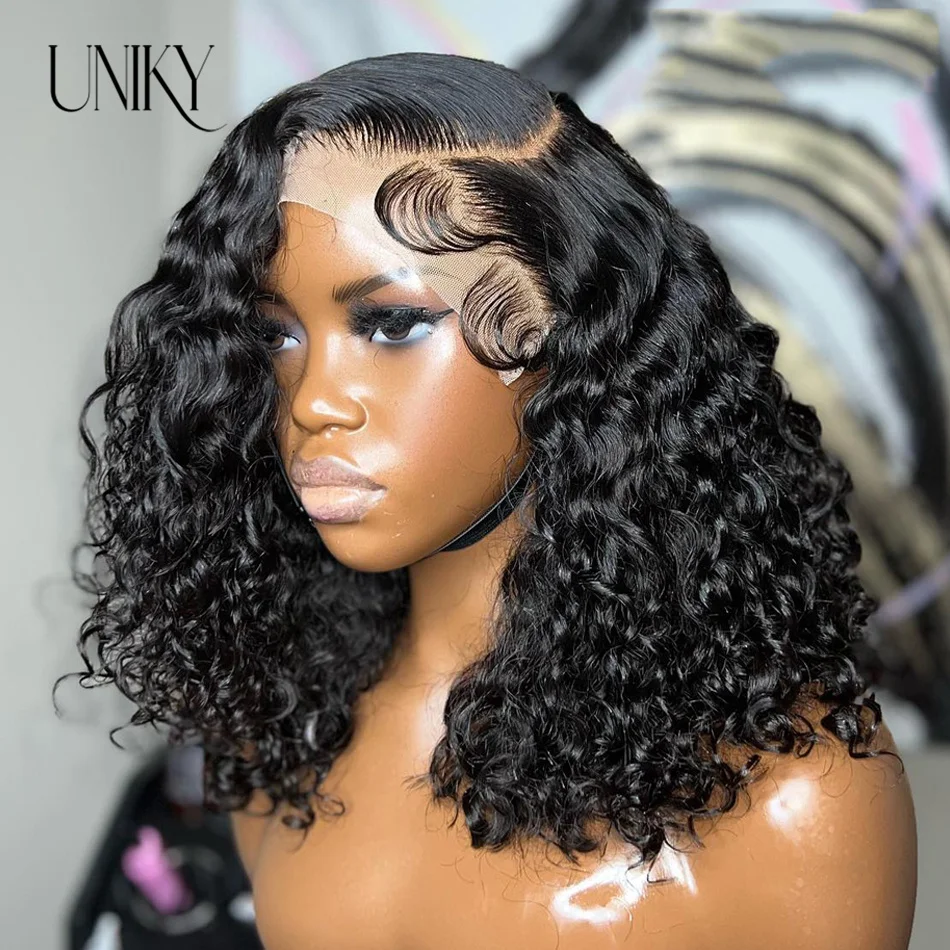 Perruque Bob Lace Front Wig malaisienne naturelle-UNKY, cheveux courts et bouclés, 13x4, Deep Curly, Water Wave, pour femmes