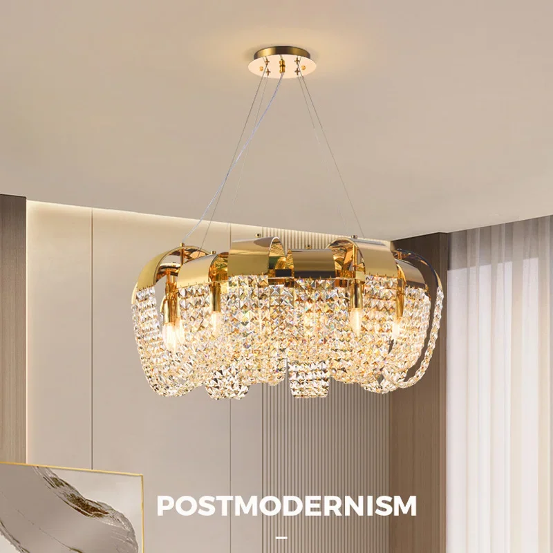 

Постмодернистская роскошная люстра с LED-подсветкой, золотистая, круглая, с кристаллами, для гостиной, столовой, освещение для дома, подвесные светильники.