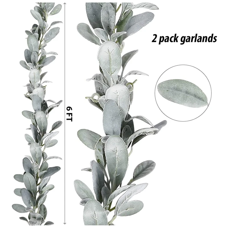 4 Pcs Artificial Flocked Lambs Ear Garland - 6Ft/Piece Soft Faux Vine Greenery And Leaves For Framhouse Mantle Decor