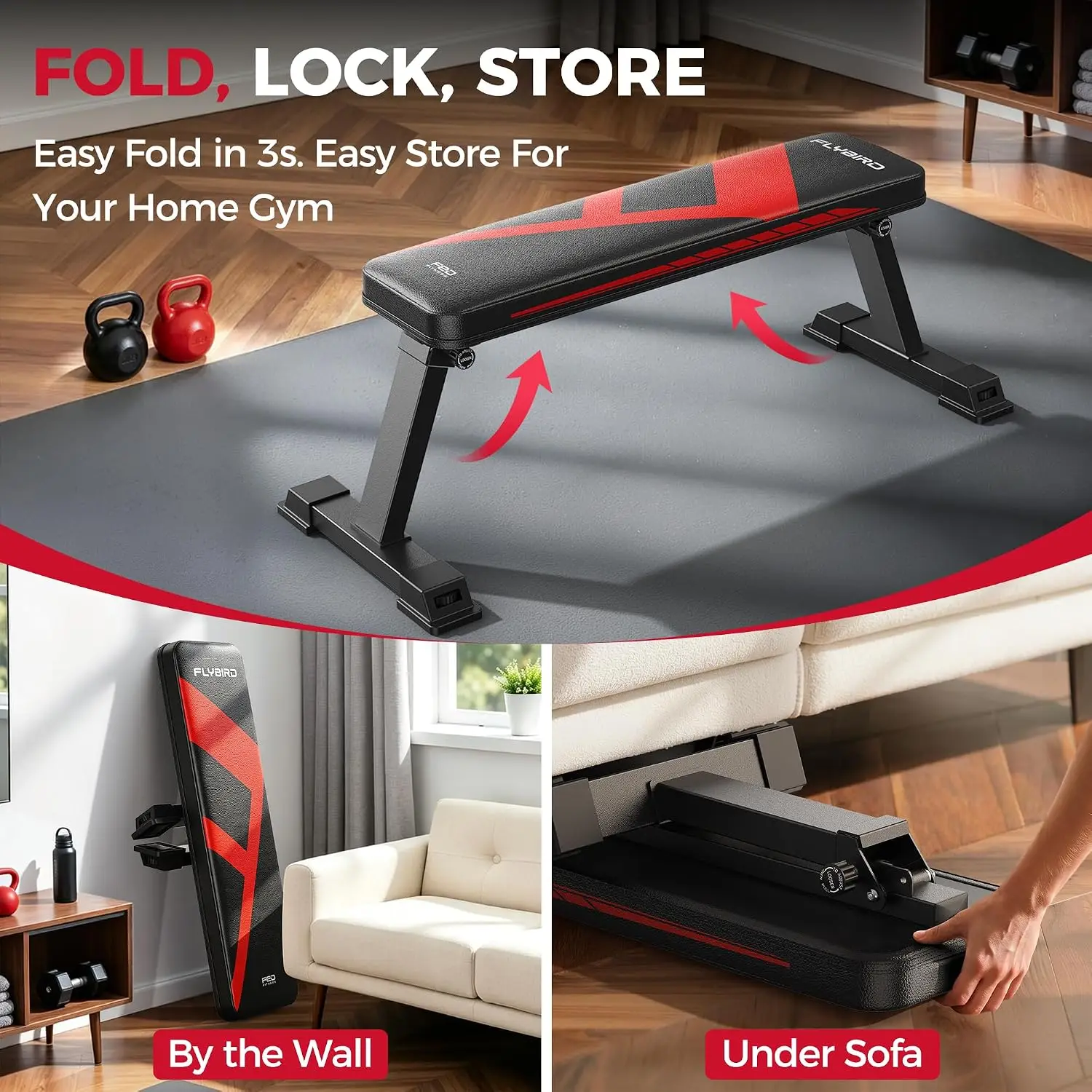 Foldable Flat Weight Bench, 600 lbs, Dual Locking, Easy Storage, Small, Hip Thrust, Dumbbell Workout