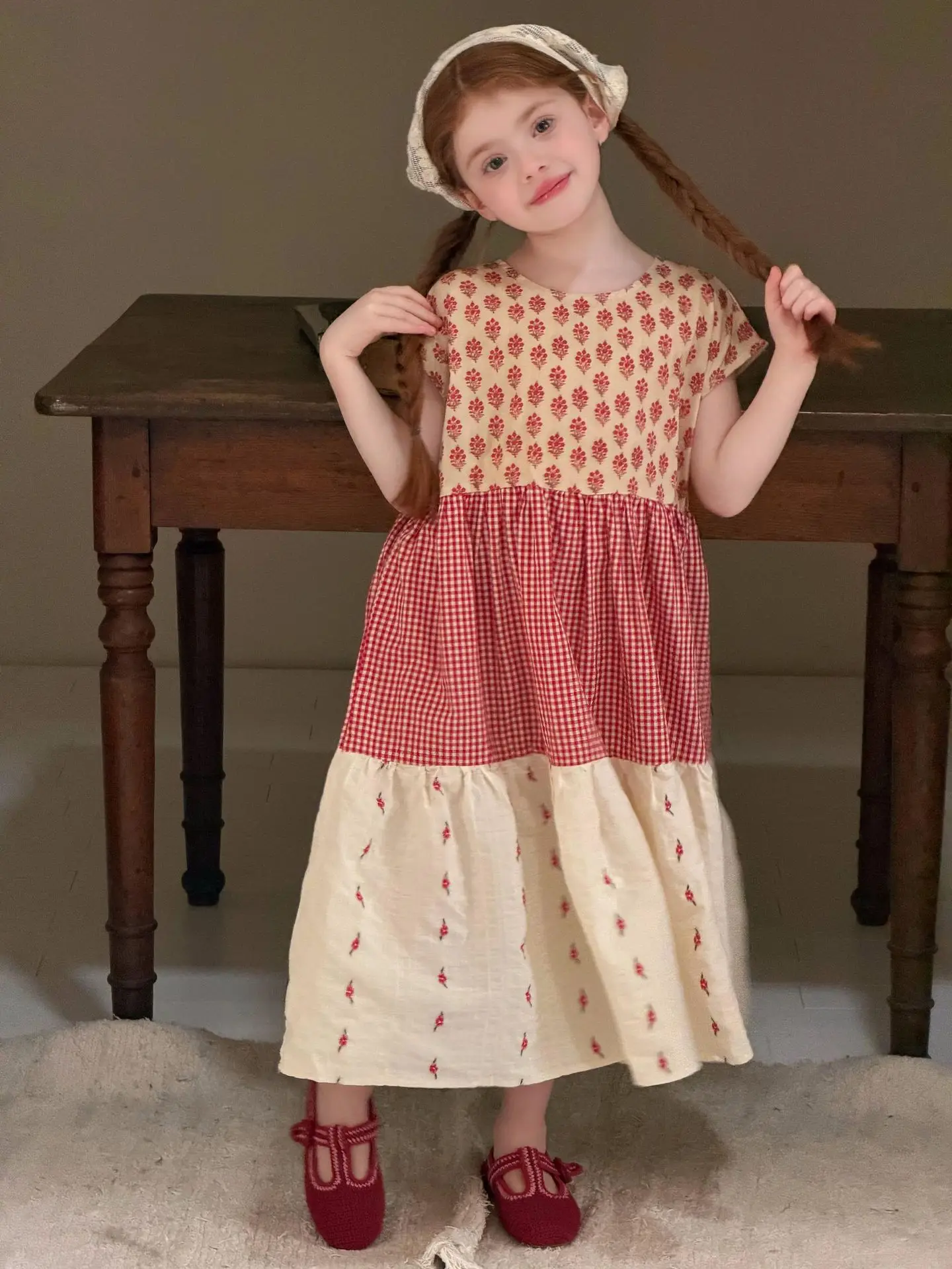 

Korean Children Clothing 2026 Summer New Girls Dress Sleeveless Contrasting Color Patchwork Vest Cotton Dress