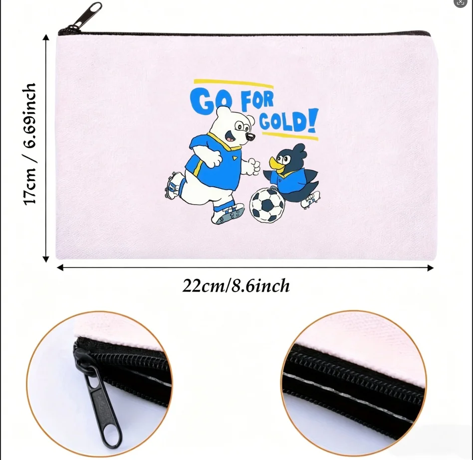 1PC Double-sided Print Canvas Pouch Football Bear Penguin Cartoon Zipper Storage Makeup Bag
