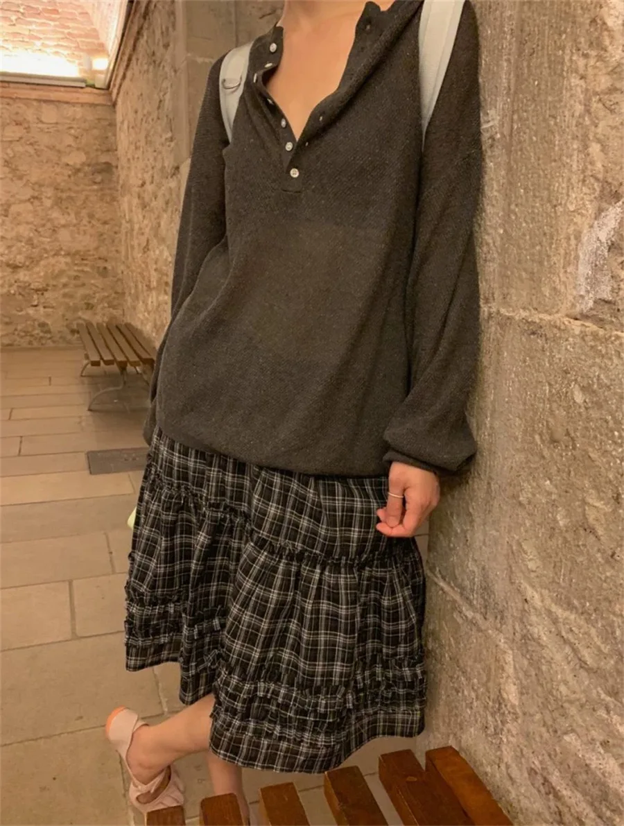 Модный свободный вязаный топ и клетчатая юбка, женский повседневный комплект с длинным светом V-Ne, осень-зима, Новое поступление