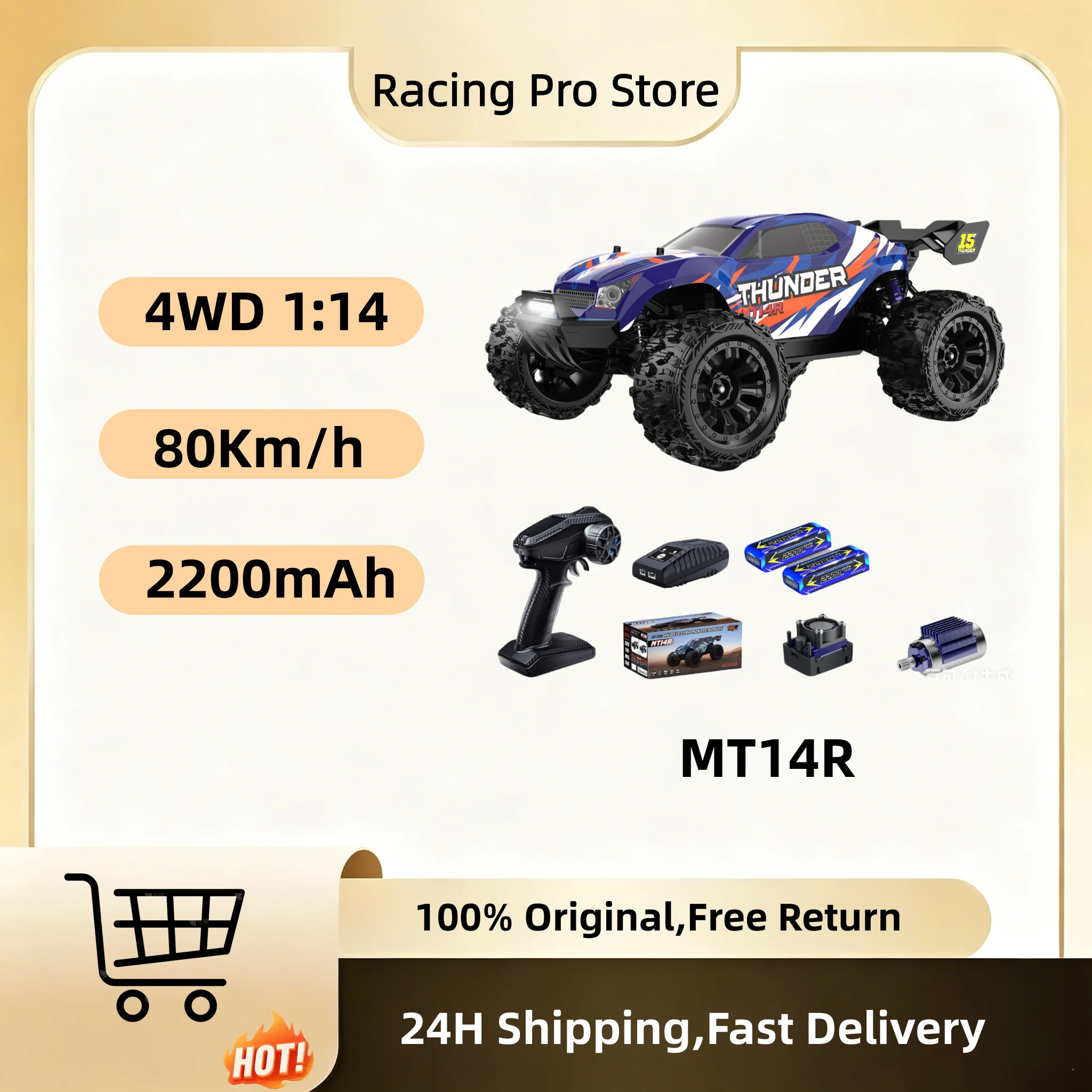 Auto RC 4x4 Todoterreno con Motor sin Escobillas de 3600KV a 80 KM/H, Batería 3S de 2200Mhz, JIUSI MT14R, Juguete de Regalo para Niños, Camioneta a Escala 1:14