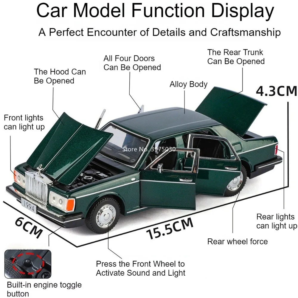 1:32 Rolls Royce Silver Spur‌ Models Toys Vintage Cars Alloy Diecasting Wheel Pull Back Miniature Vehicle Office Table Ornaments