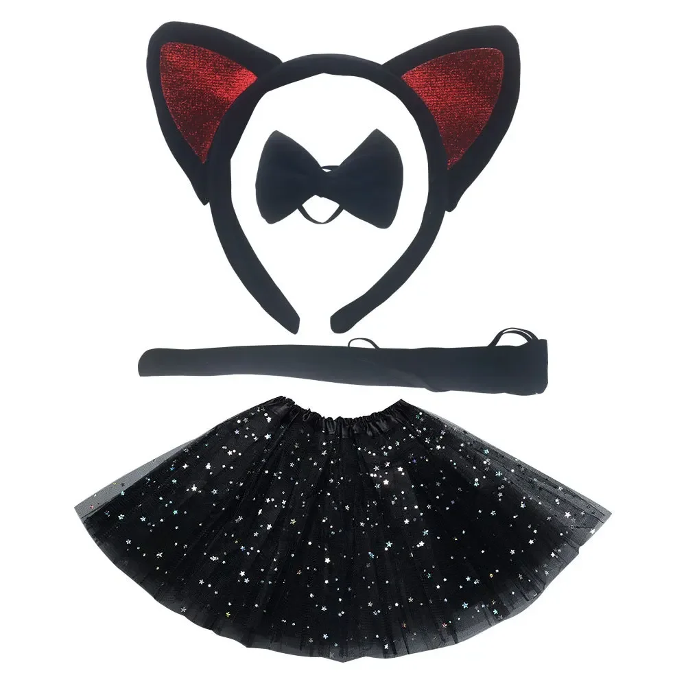 Schwarze Katze Kostüm Set Tiere Ohren Stirnband Schwanz Fliege Tutu Halloween verkleiden Kinder Cosplay Zubehör Kit