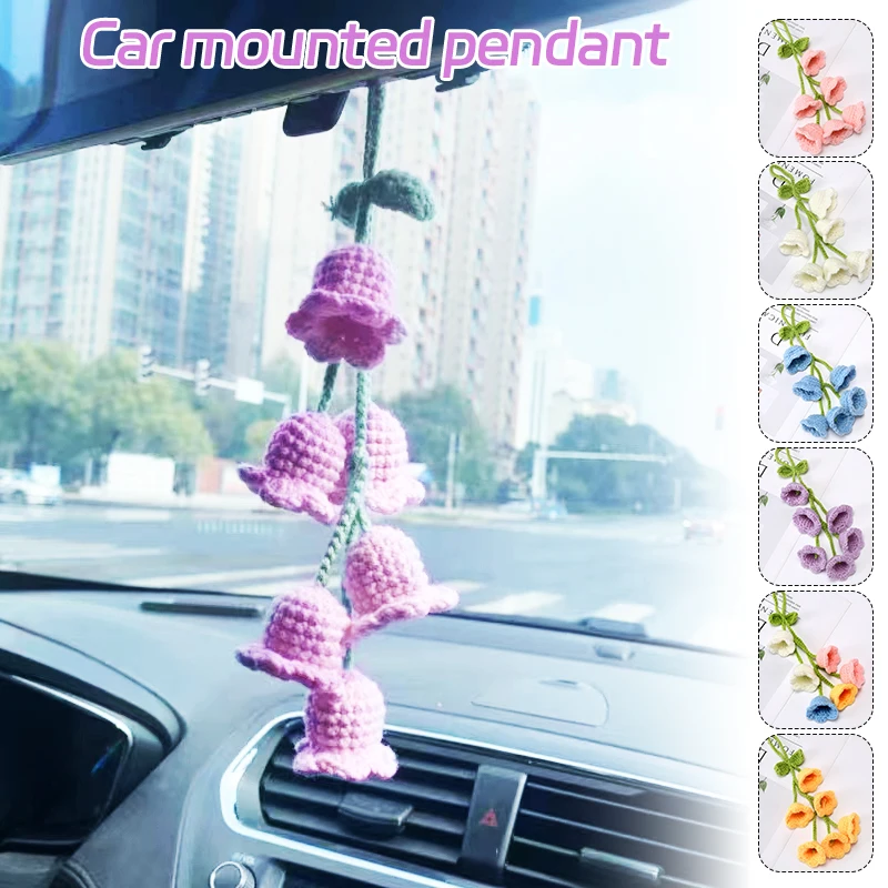 Handmade Crochet Flower Women Car Rearview Mirror Pendant Girl Wind Chimes Bell Orchid Bag Keychain Hanging Ornament Accessorie