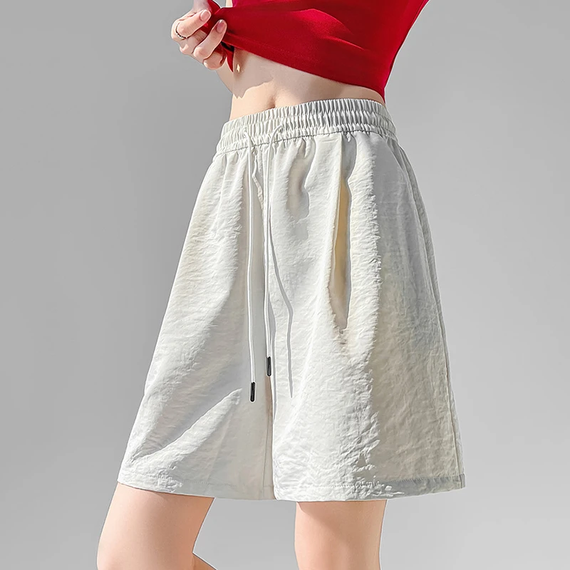 Summer Ice Silk Quick-Drying Shorts Women Elastic Waist Wide Leg Casual Short Pants Woman Solid Color Drawstring Lace Up Shorts