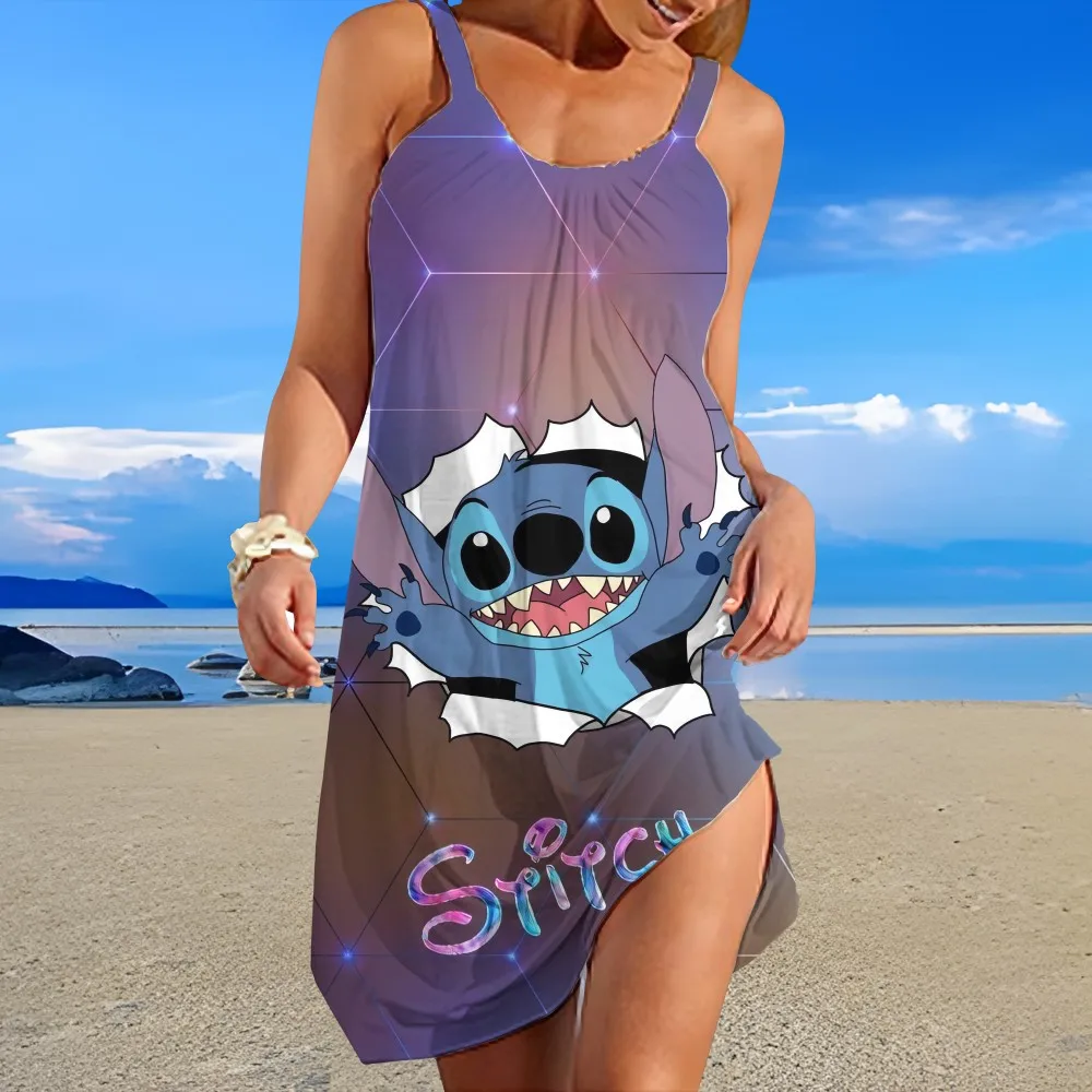 

Elegant Lightweight Round Neck Sleeveless Women's Beach Dresses Cartoon Character Pattern Printed Knee-length Suspender Skirt