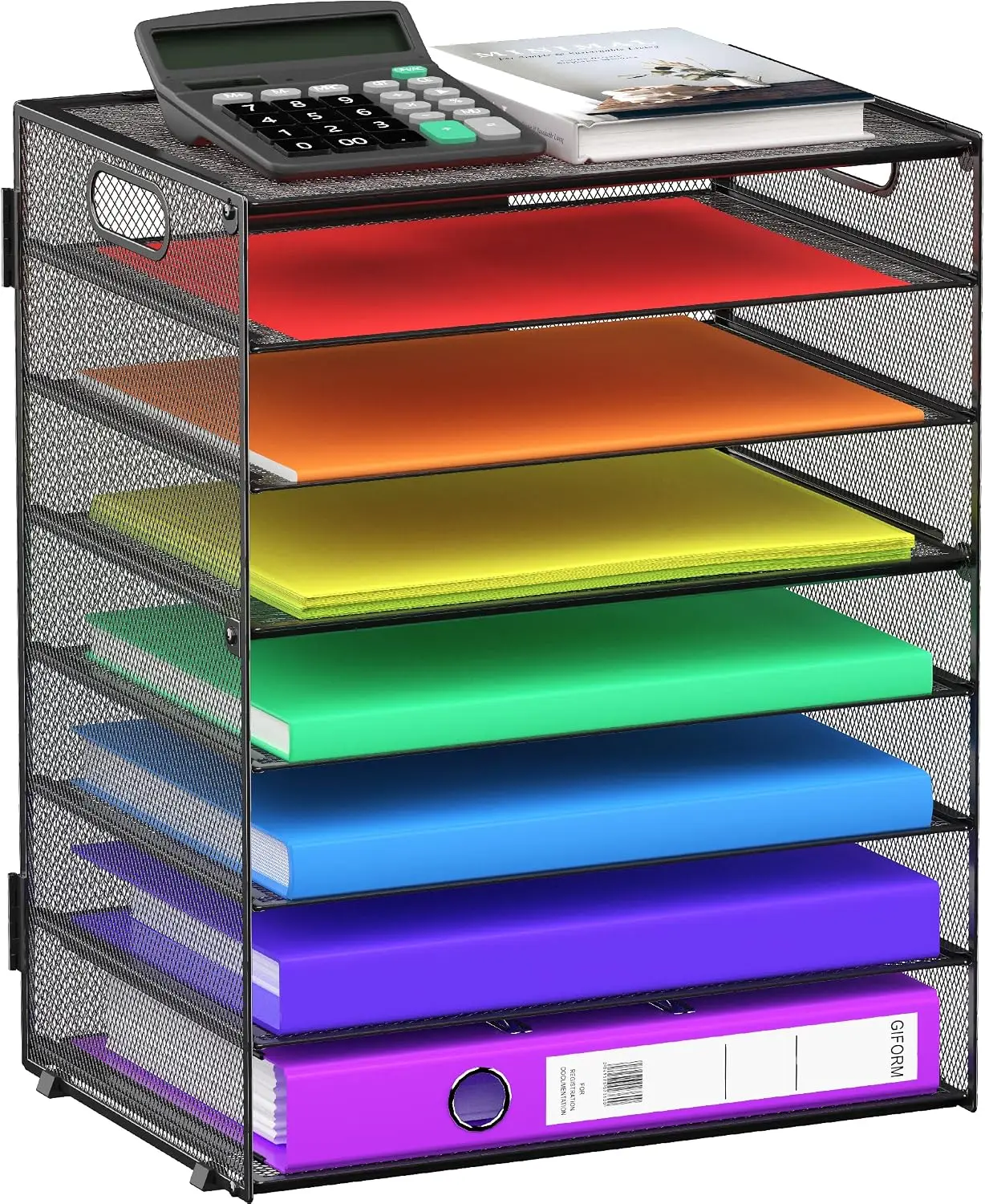8 Tier Paper Letter Tray Organizer with Handles, Mesh Desk File Holder Storage (Black)
