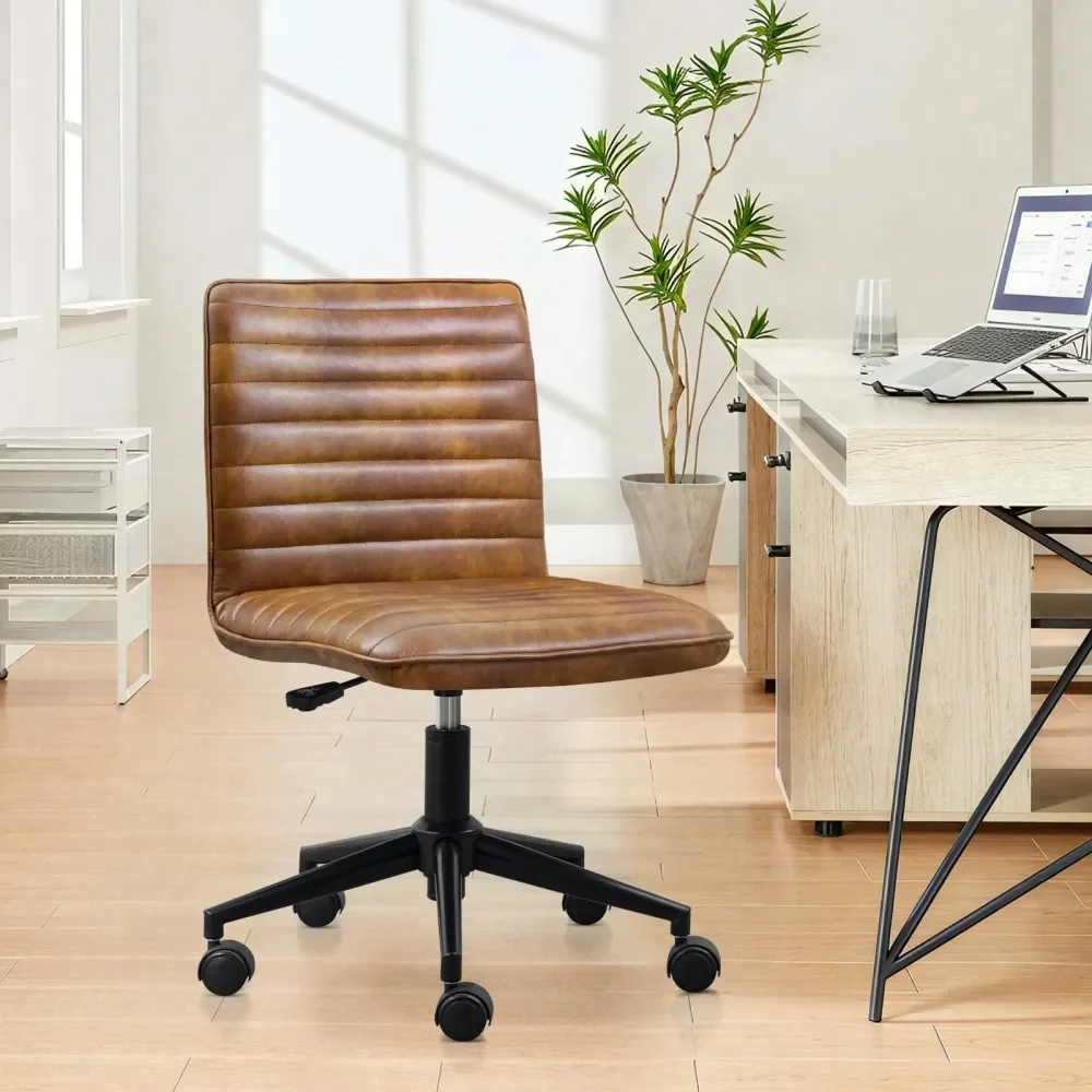 

MidBack Brown Makeup Vanity Chair Modern Tufted PU Leather holstered Office Chair Luxurious Adjustable Desk Chair Swivel Cris