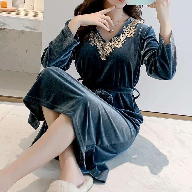 Winter Autumn Home Dressing Gown Nightdress for Women Warm Nightgown Sexy Velvet Sleepwear Loose Sleepwear Long Sleeve Bathrobe