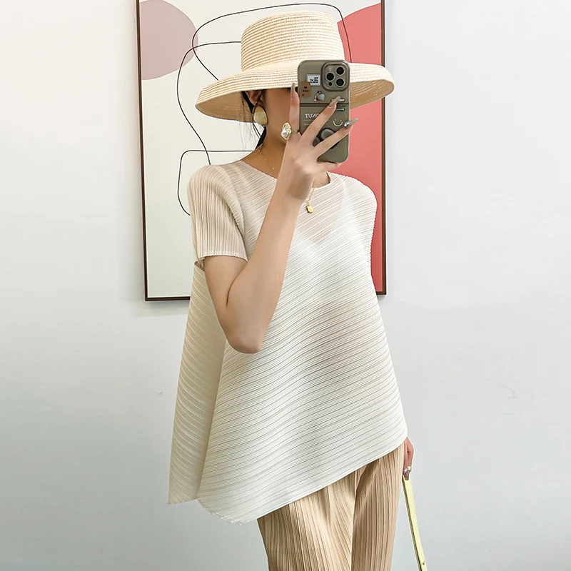 

2023 New Fashion Summer O Neck Pleats Top Tees Summer Women's Korean Chic Short-Sleeved T-Shirt