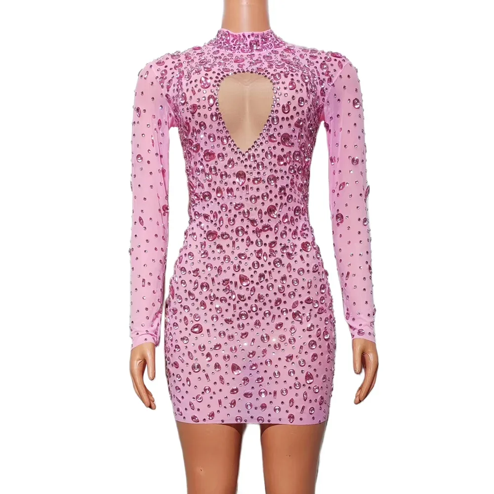 Vestido rosa brillante de manga larga con diamantes, vestido Formal de cóctel para graduación y noche, vestido de cena para mujer, vestido corto para fiesta y discoteca