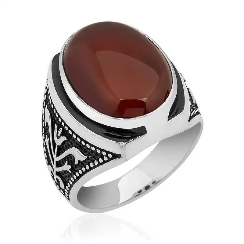 Silver Tulip Inlaid Agate Ring 925 Sterling Men Jewelry Wedding Party Birthday Gift - Box -for Chalcedony Stone - Man - Fashion - Botiva - Size - Turkish - Patterned Embroidered