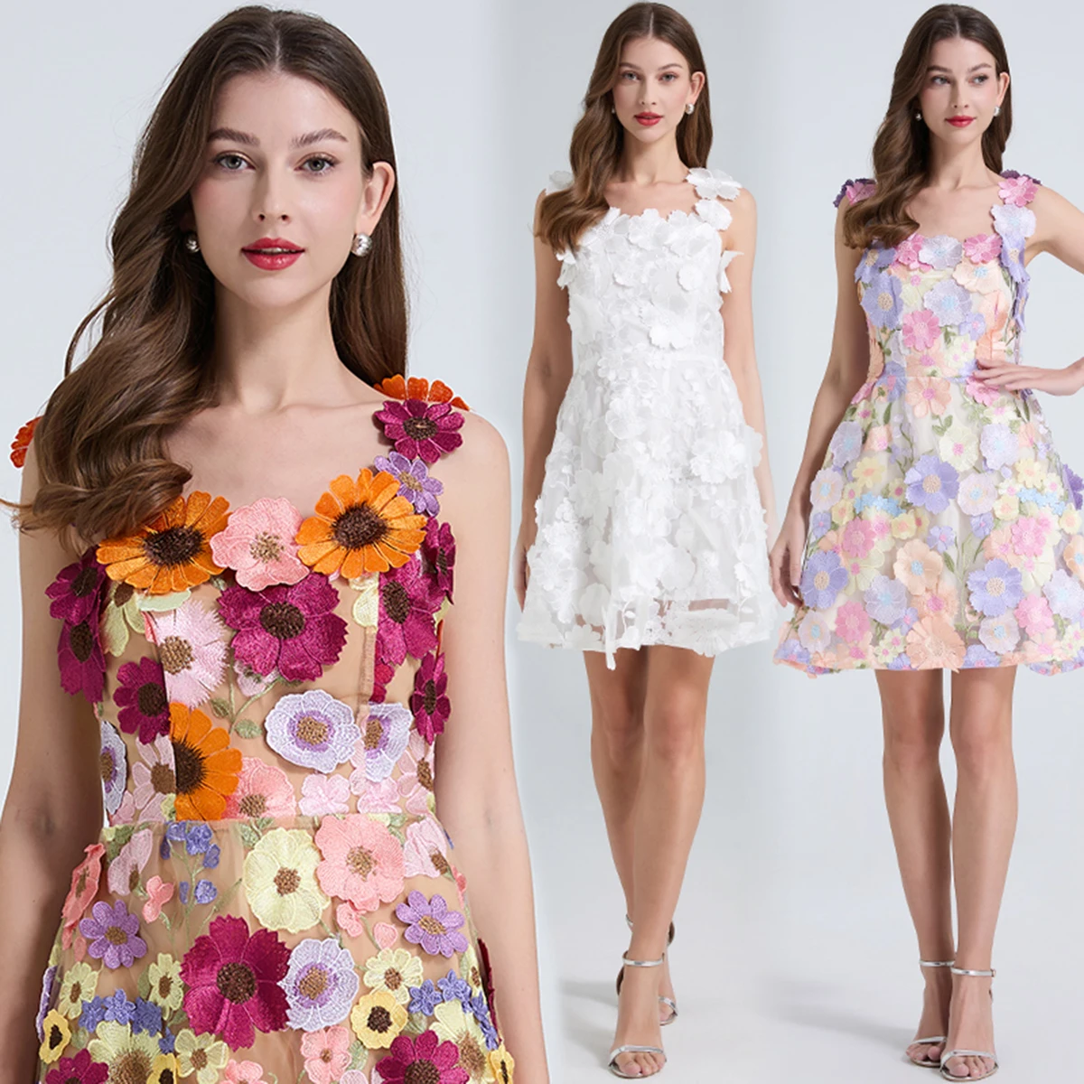 Ele Sangle slim fit florale brodée taille haute Dr Saison d'été Tissu polyester léger No-Sve ort A-Lin...