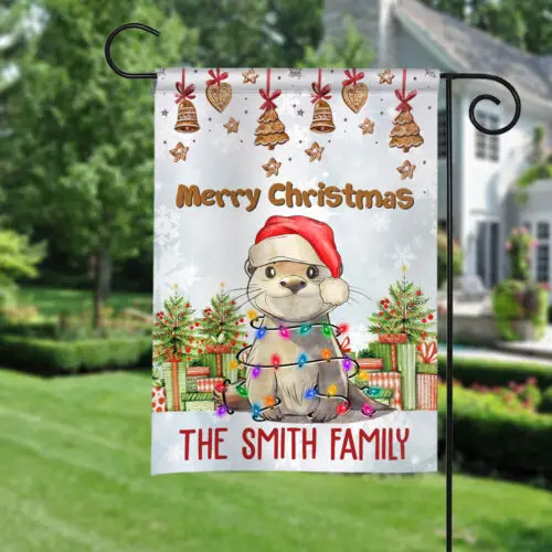 Personalized Merry Christmas Otter Light Double-Sided Garden Flag, Xmas Flag