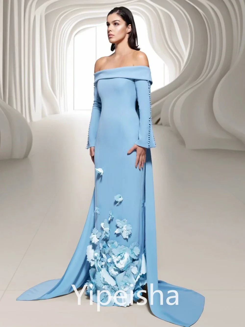 Customized Exquisite Elegant Off-the-shoulder Sheath Evening  Flower Satin Floor Length Watteau Custom Evening Dress