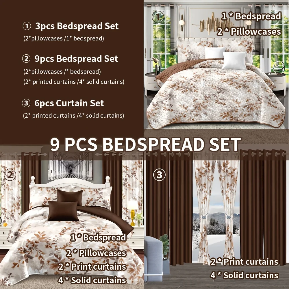 

9pcs Bedding Set, Including: 1 Bedsheet, 2 Pillowcases, 2 Printed Curtains, And 4 Solid Color Curtains, Queen/King/Cal King Size, Dark Brown , Bedroom Comfort Set, Suitable for Any Season, Machine Washable, Easter And Other Holiday Gifts