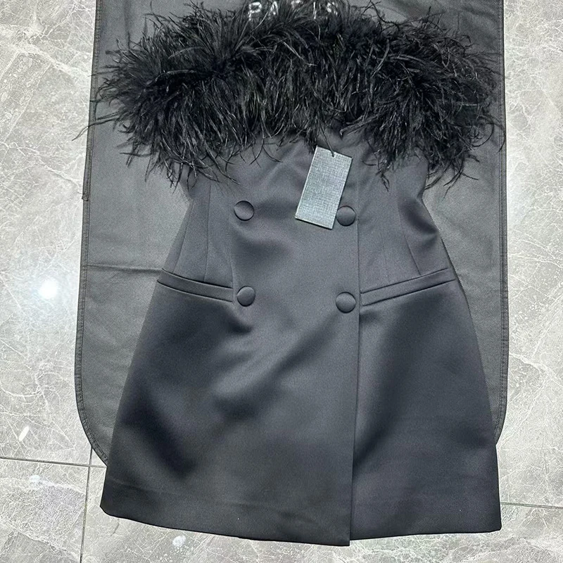 Women's Ostrich Fur Sheath Dress, Fashion Sexy Banquet Black Small Dress, High Quality, Fall, New, 2024, y2k