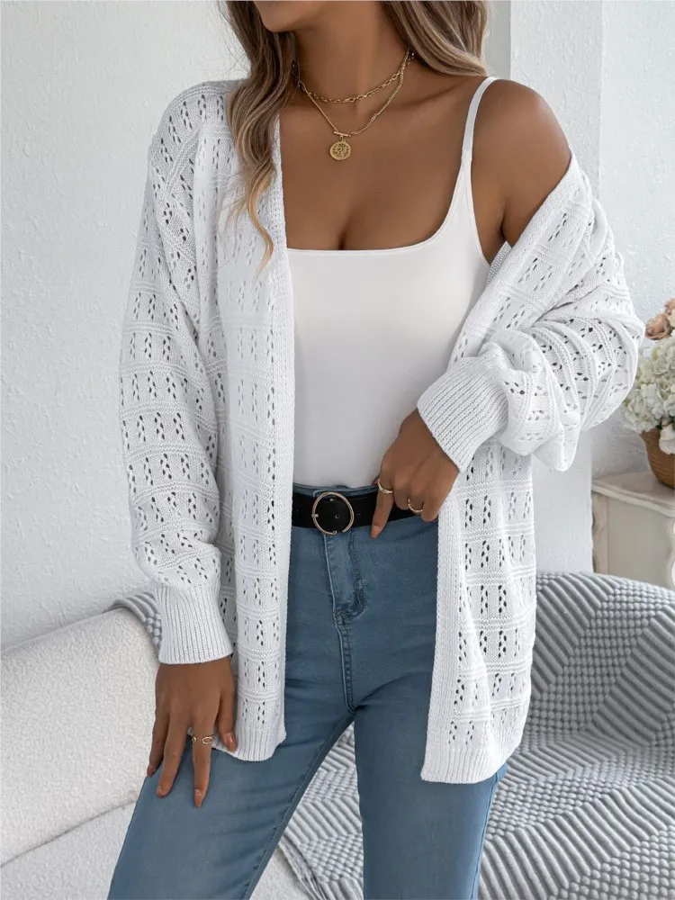 

Autumn And Winter Solid Color Hollow Lantern Long Sleeve Cardigan Sweater Mid-length Jacket For Women Fashion Casual Sweaters