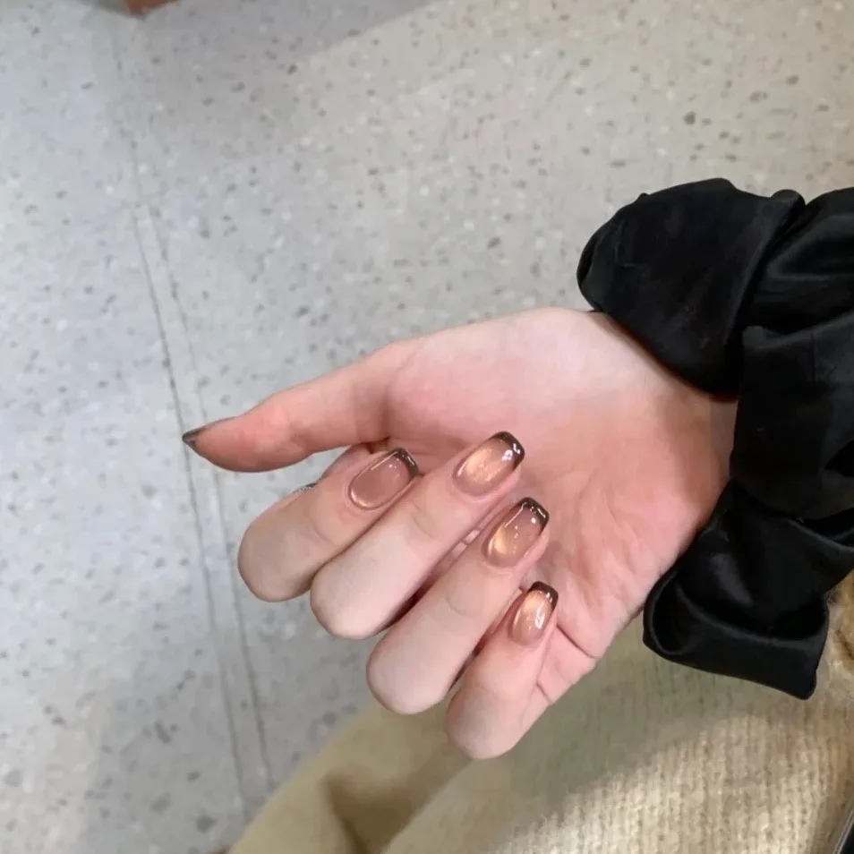 

10 шт., короткие французские накладные ногти, кошачий глаз, дизайн, винно-красные, милые, милые, накладные ногти ручной работы, носимые художественные советы для девочек