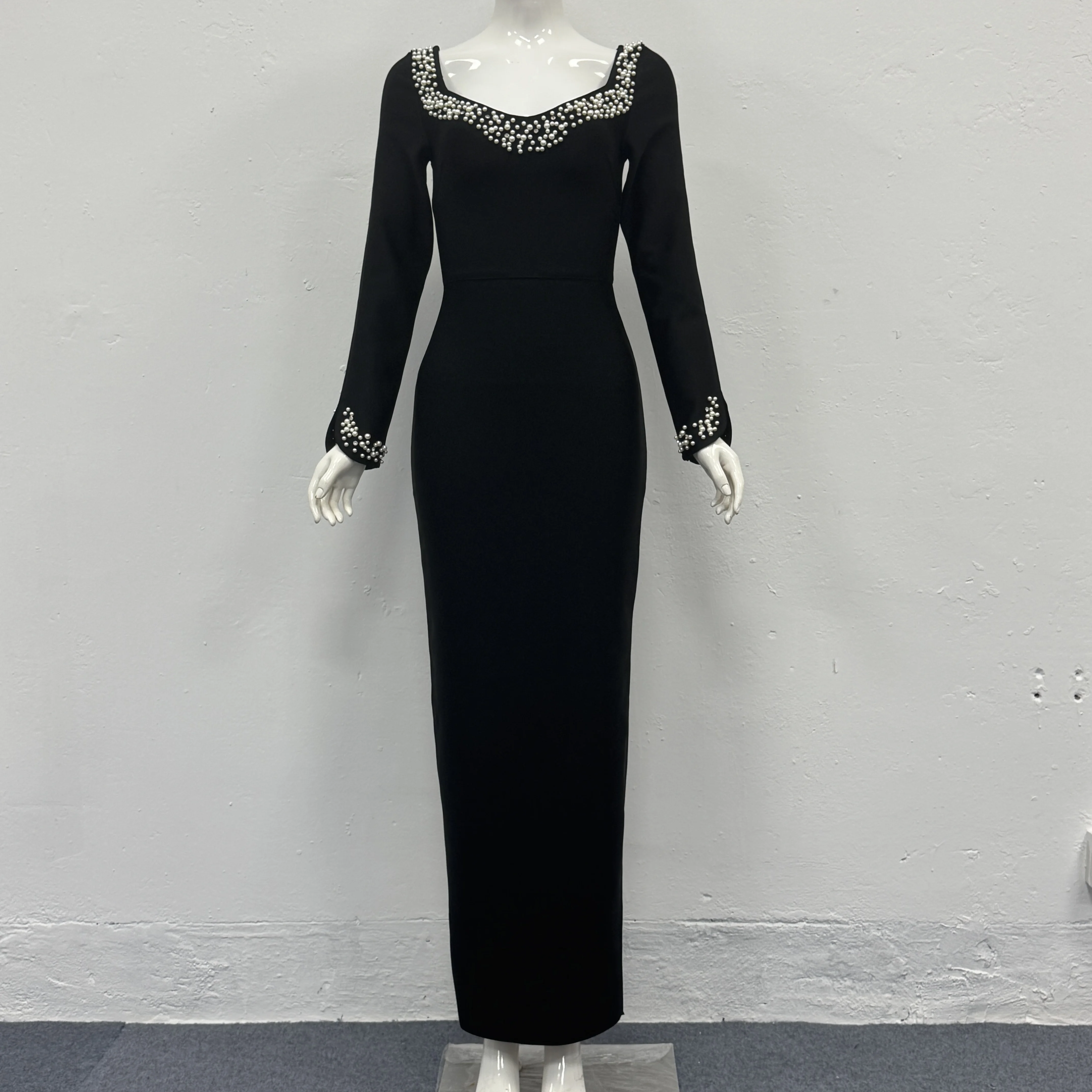 

Роскошное женское платье 2025 с бриллиантами, длинным рукавом, квадратным вырезом, черное облегающее бандажное платье, элегантное вечернее платье для вечеринок