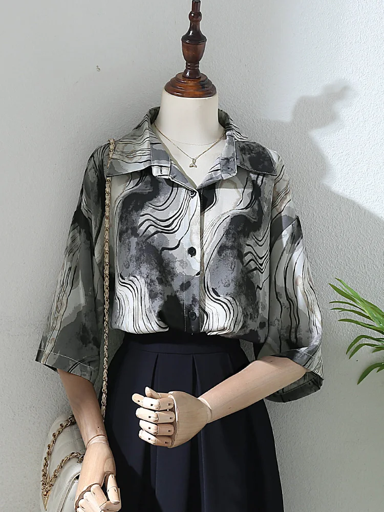 

Black Gray Tie-Dye Shirts Women Trends 2025 Short Sleeve Ladies Tops And Blouses Loose Fit Shirt Polo Collar Y2K Vintage Top