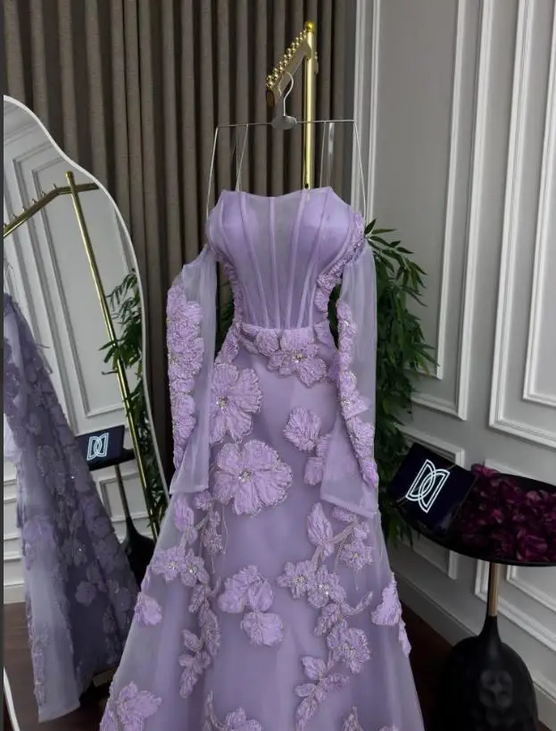 カスタム刺繍レースイブニングドレス オフショルダー フルスリーブ ウェディングゲストドレス Aライン コルセット ロブドソワレ