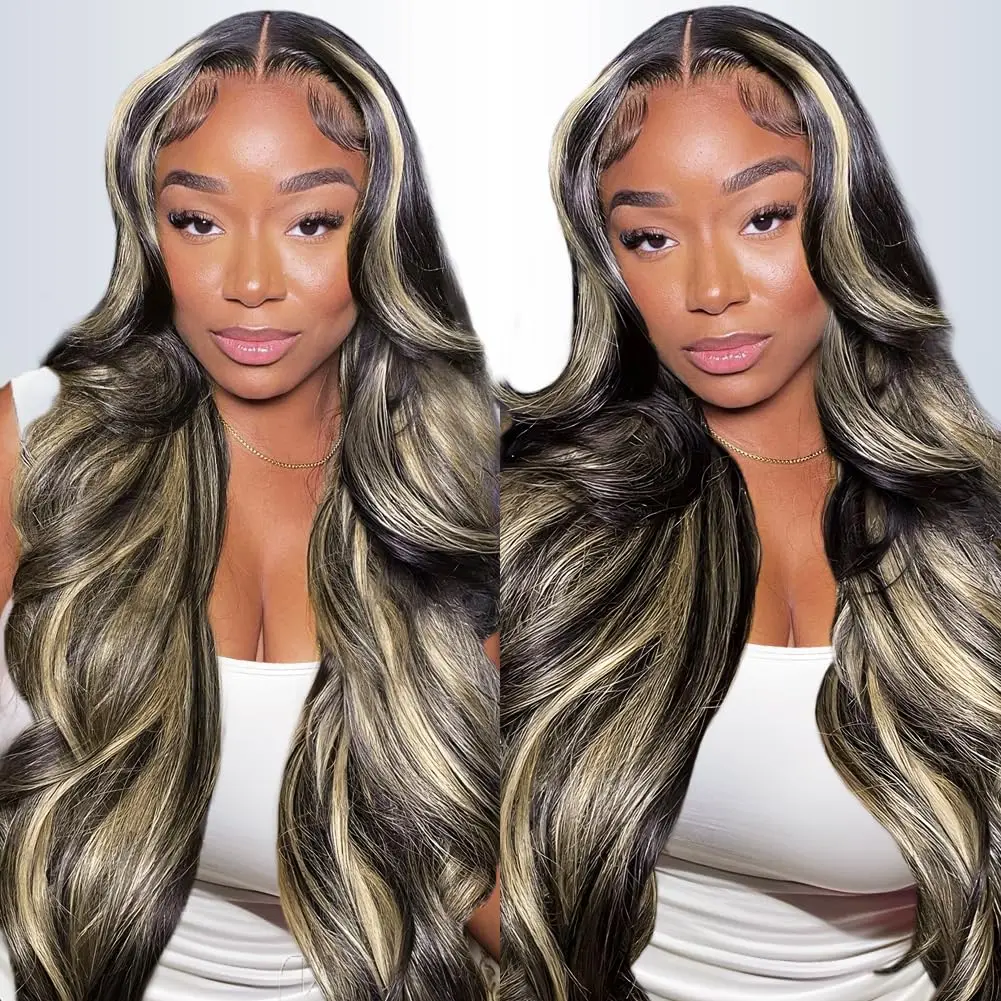 1B/27 Blonde Balayage Highlight Wigs Body Wave 13X4 Transparent Lace Frontal Wig 200% Density Real Human Hair Wigs For Women