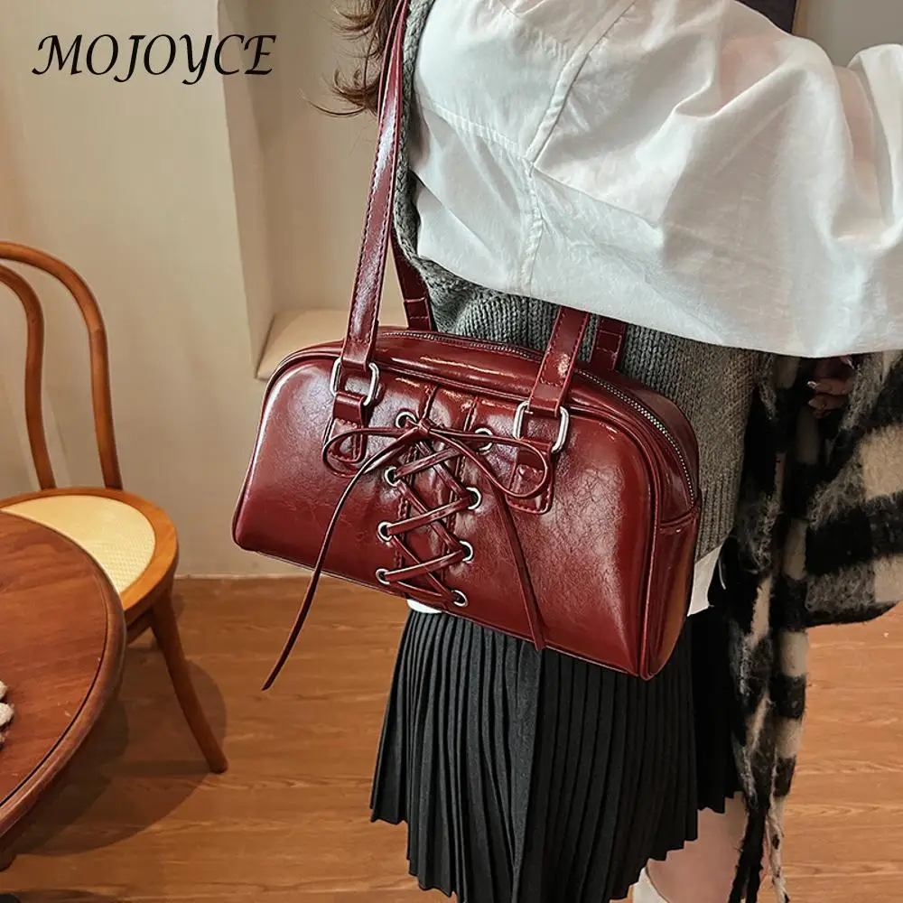 Shoulder Bag for Women Solid Color Bow Purse PU Leather with Zipper Boston Tote Bag Hobo Bag for Work Travel