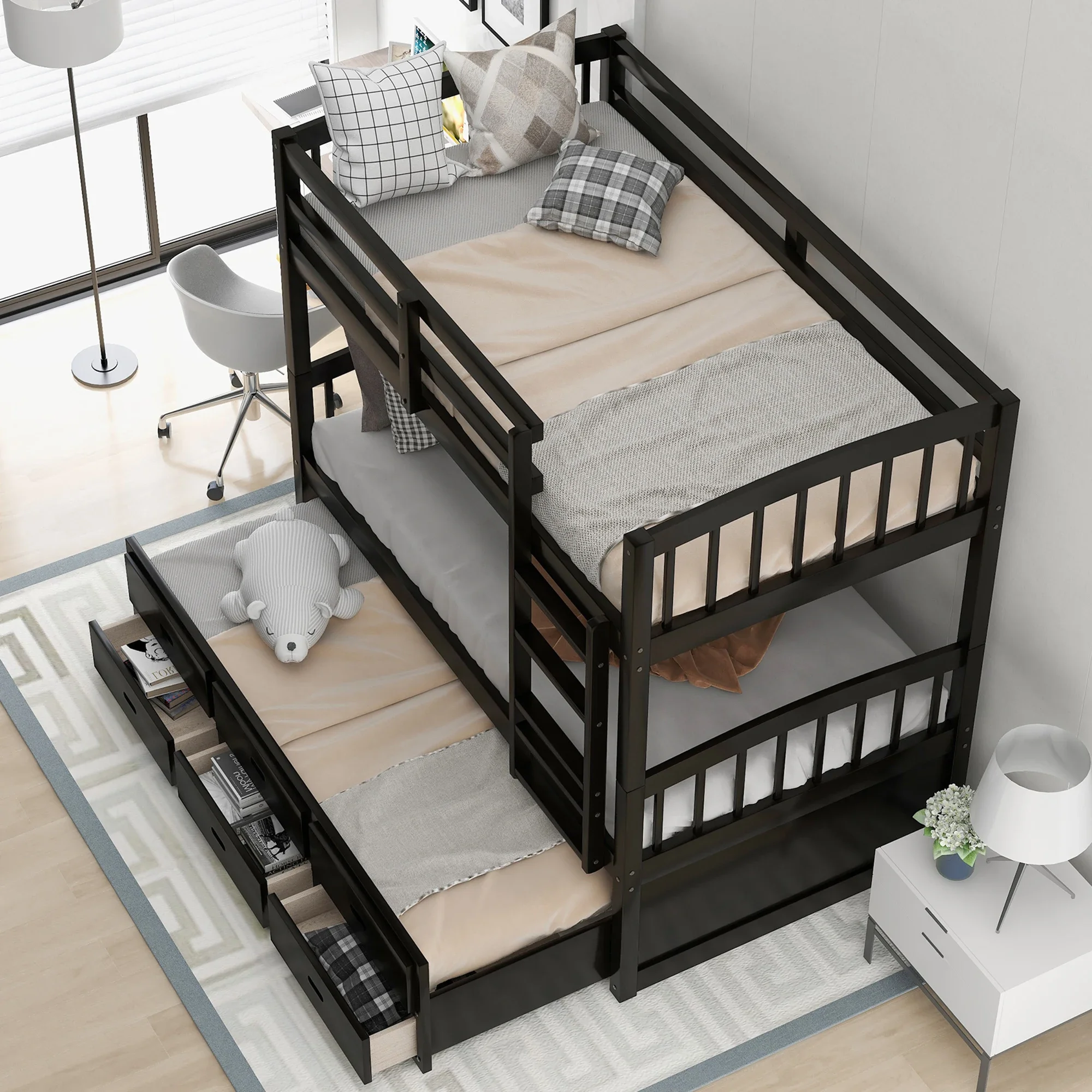 

Twin over Twin Wood Bunk Bed with Trundle & Drawers,With guardrails,safety design,bedroom furniture,for multiple people,Espresso