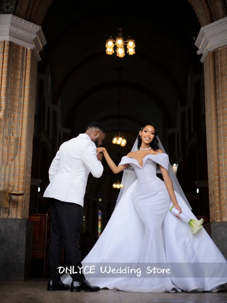 Sparkly Full Beaded Sequin Wedding Dress Off Shoulder Elegant Bridal Gown With Remove Train Mermaid vestidos de novia Customize