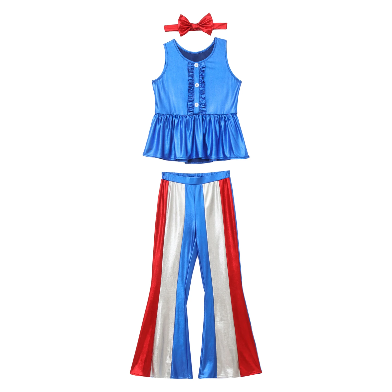 

Children Girls Frilly Trim Sleeveless Tank Top with Bow Headband Metallic Shiny Stripe Flared Pants for Festival Party Clubwear