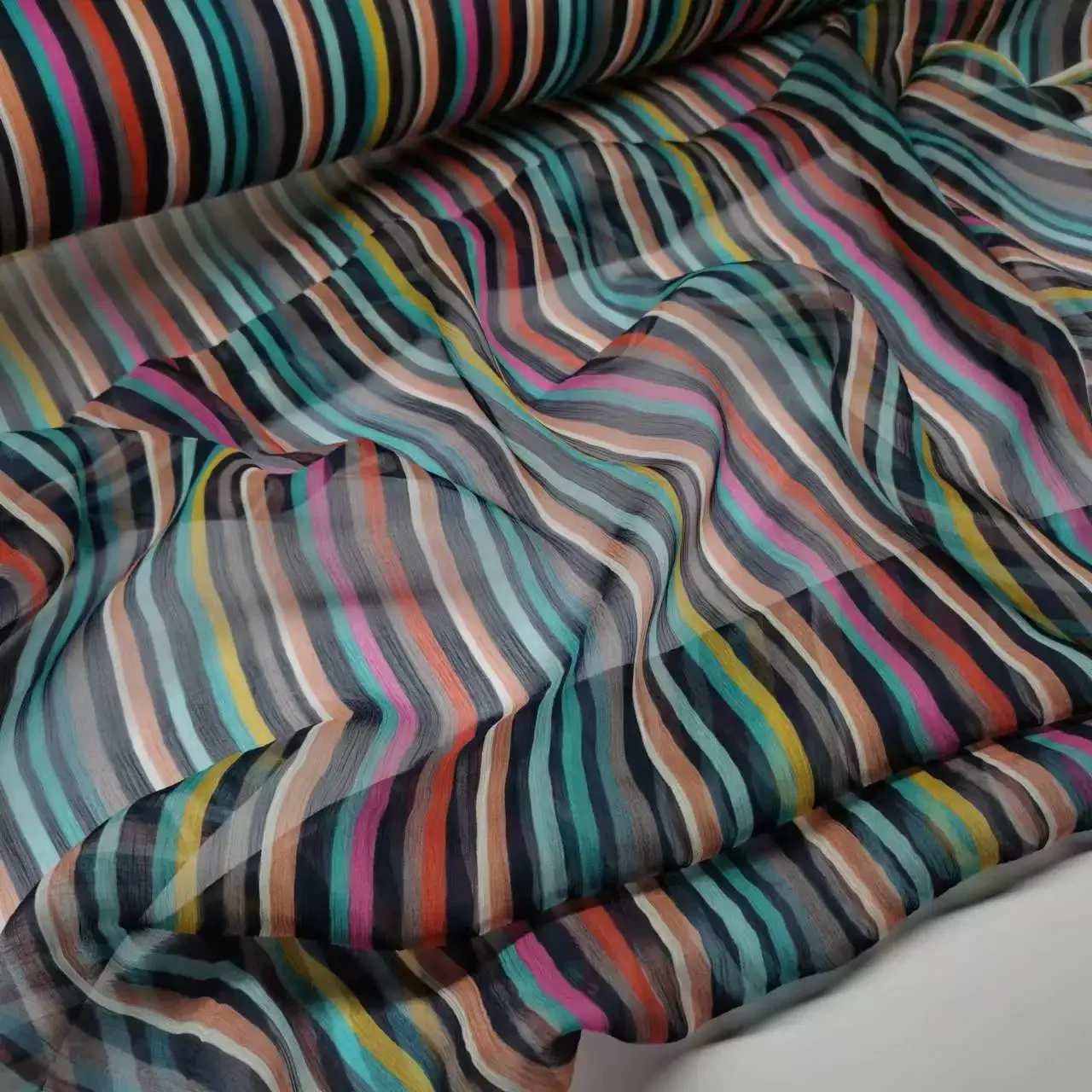 Super Deal Silk Georgette Crepe Fabric Rainbow Colorful Stripe Width 135cm Soft 7mm Dress Scarf Material