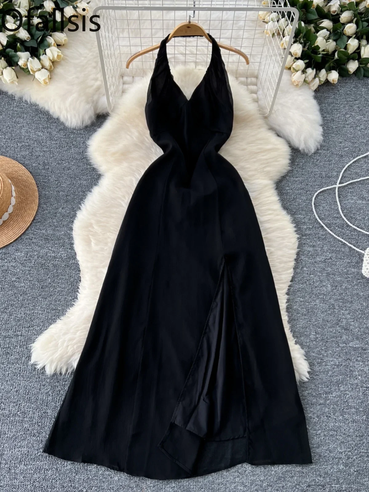 Ofallsis Socialite Sexy V neck Hanging Neck High Waist Slimming Slit Black Dress 2024 Summer New French High end Long Dresses