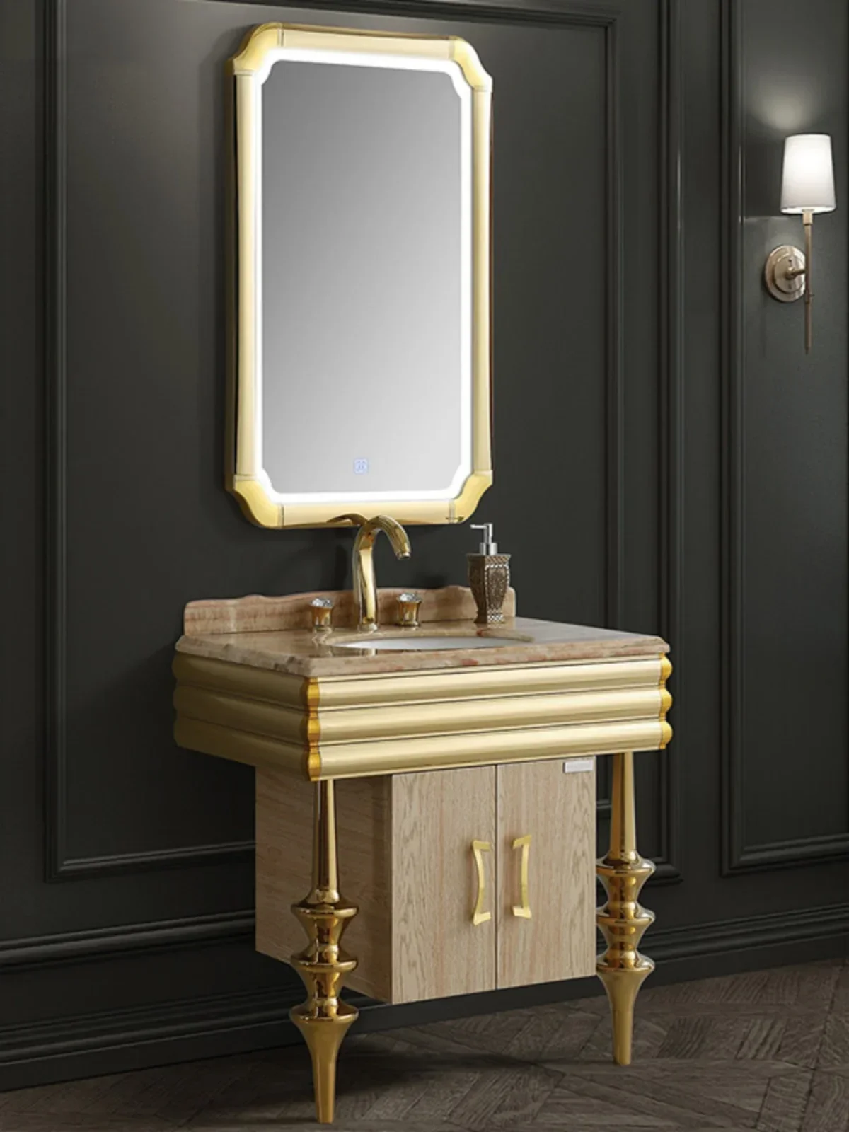 Neoclassical stainless steel bathroom cabinet combination waterproof marble washbasin