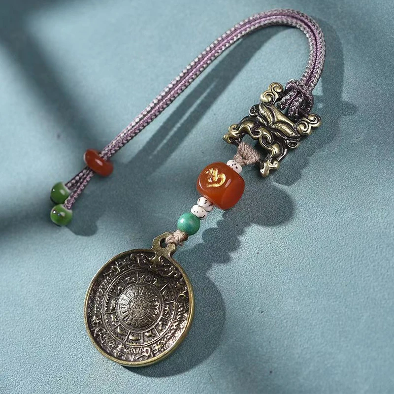 Nine Palaces and Eight Trigrams Iron Buddha with Copper Border, Twelve Zodiac Sign Pendant, Car Hanging Ornament, Tibeta