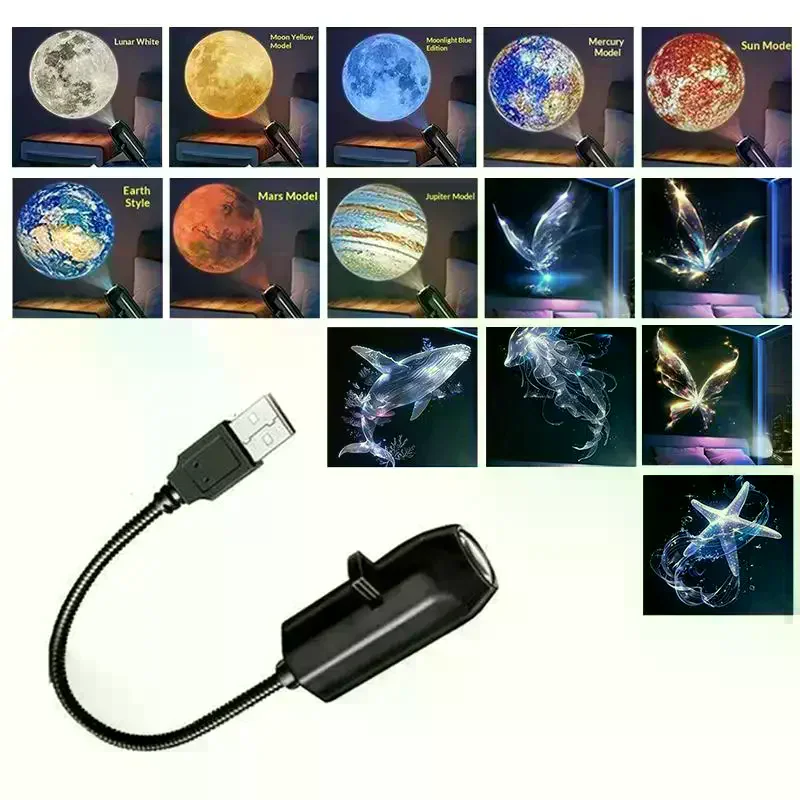 Bedroom Decor LED USB Projector Light 6/9pcs  Projection Patterns Planet Butterfly Night Lighting
