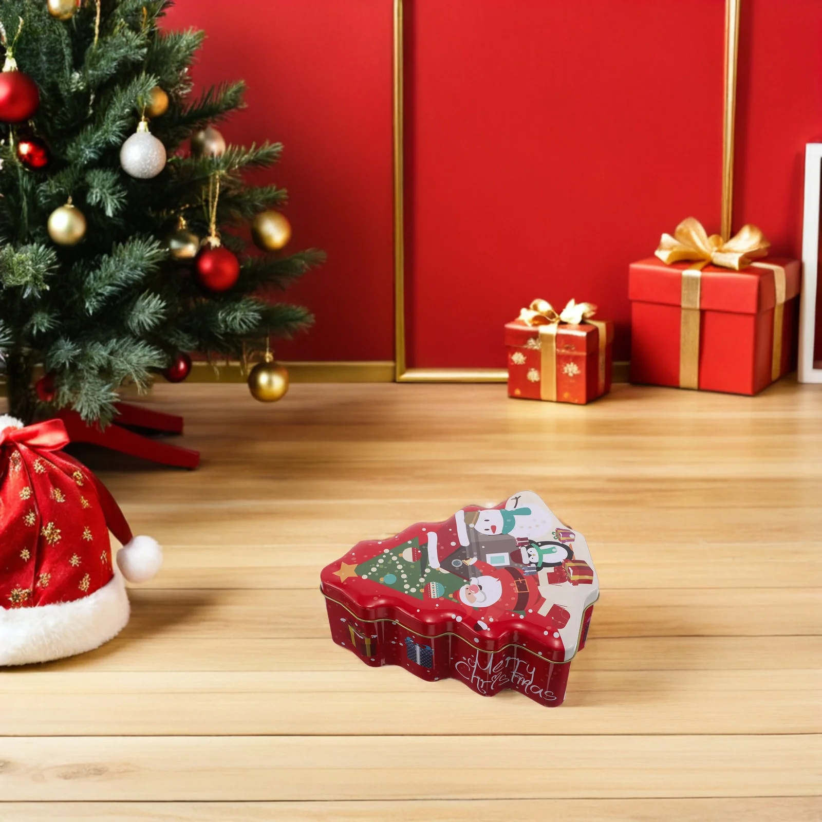 

Christmas Treat Box Tree Shaped Iron Cookie Tin with Lid Holiday Candy Storage Jar Decorative Metal Container for Gifting Decor