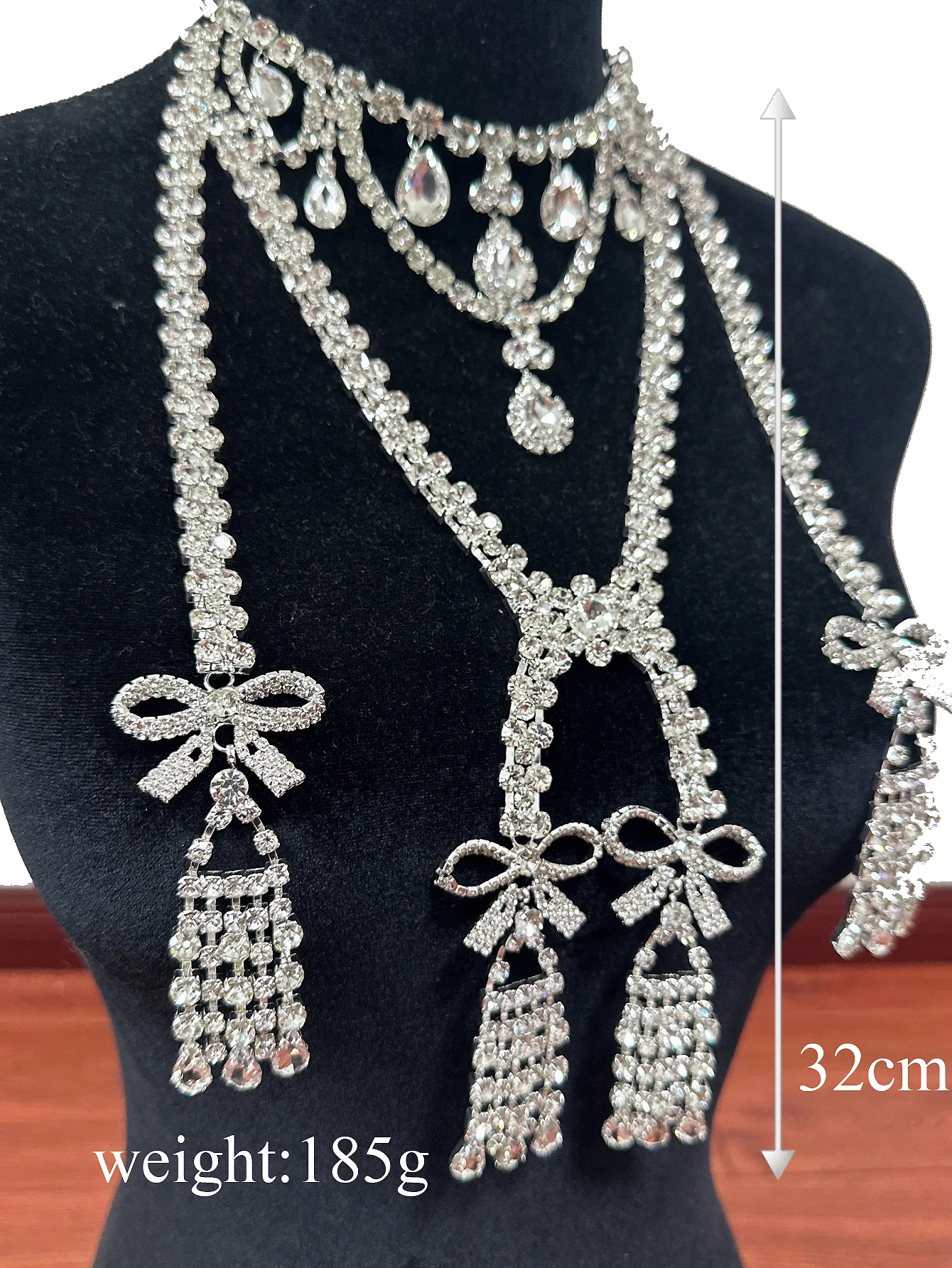 CUIER Exquisite Bowknot Fringle Tassel Rhinestone Necklace for Women Huge Size Body Chain Jewelry for Fashion show Accesories