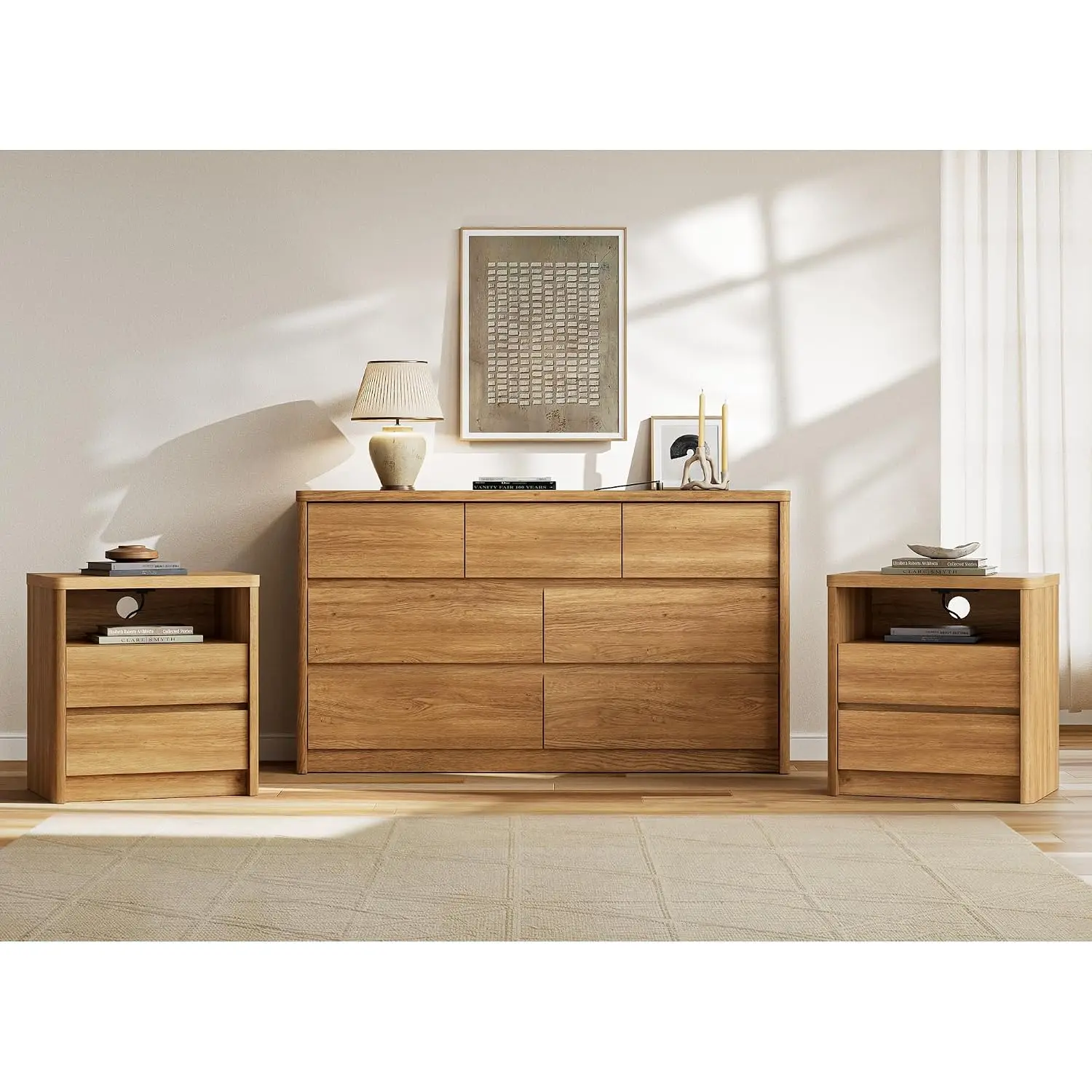 3 Pieces Bedroom Set, 55 Inch Width 7-Drawer Dresser & 2-Drawer Nightstands Set of 2,Nightstand with USB&Type C, Customized
