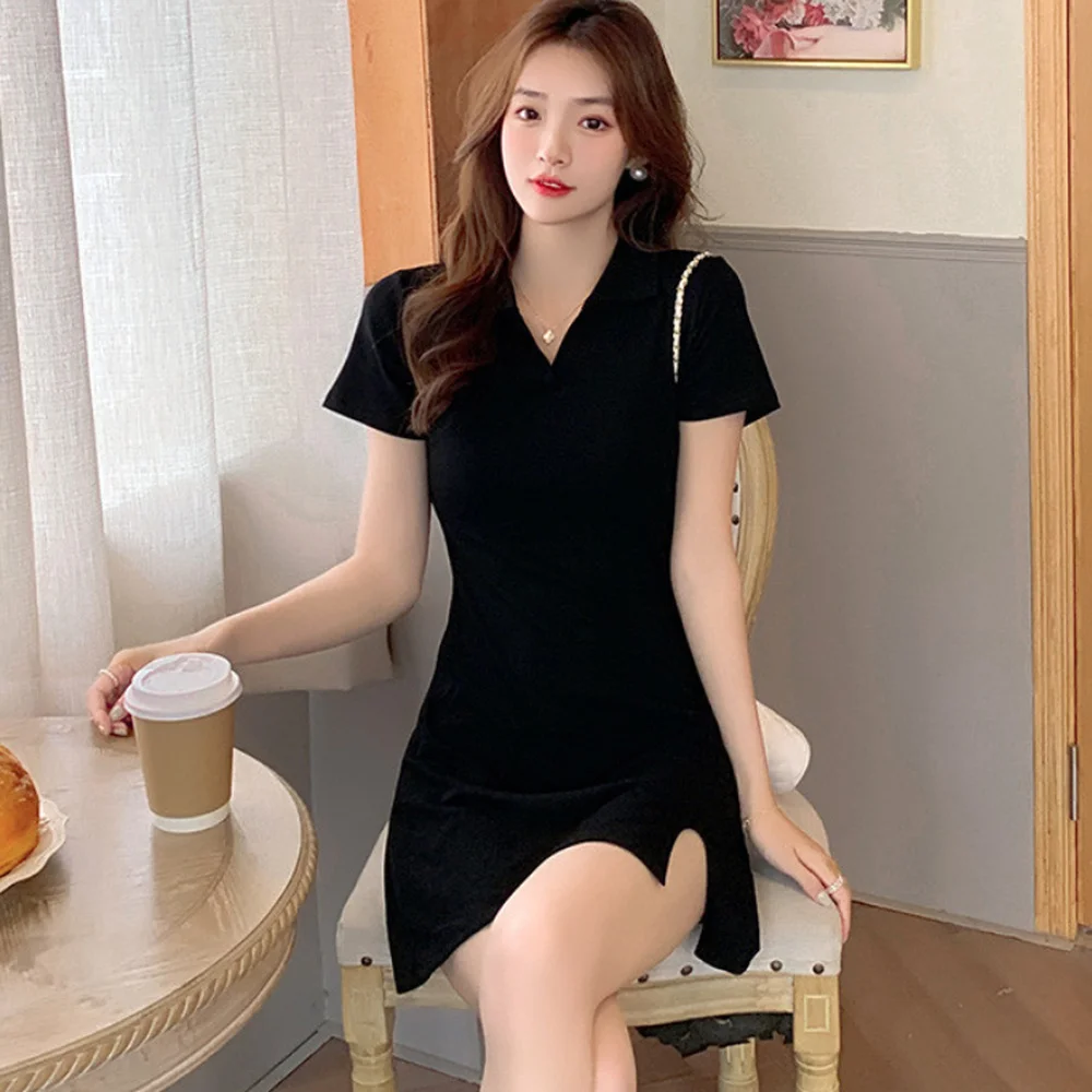 Vestidos de manga curta feminino com decote em v estilo francês fenda lateral sexy temperamento preto verão simples magro vestido feminino puro a linha