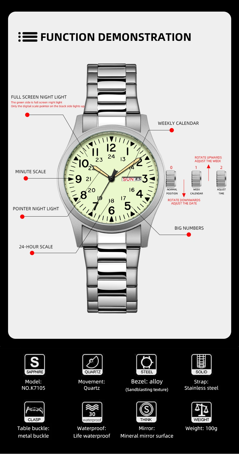2026 Herren 38mm Leuchtende Zifferblatt-Uhr mit Tages- und Datumsanzeige, im Dunkeln leuchtend, grün, 30M wasserdicht, Felduhr mit Edelstahlarmband – Detail 5